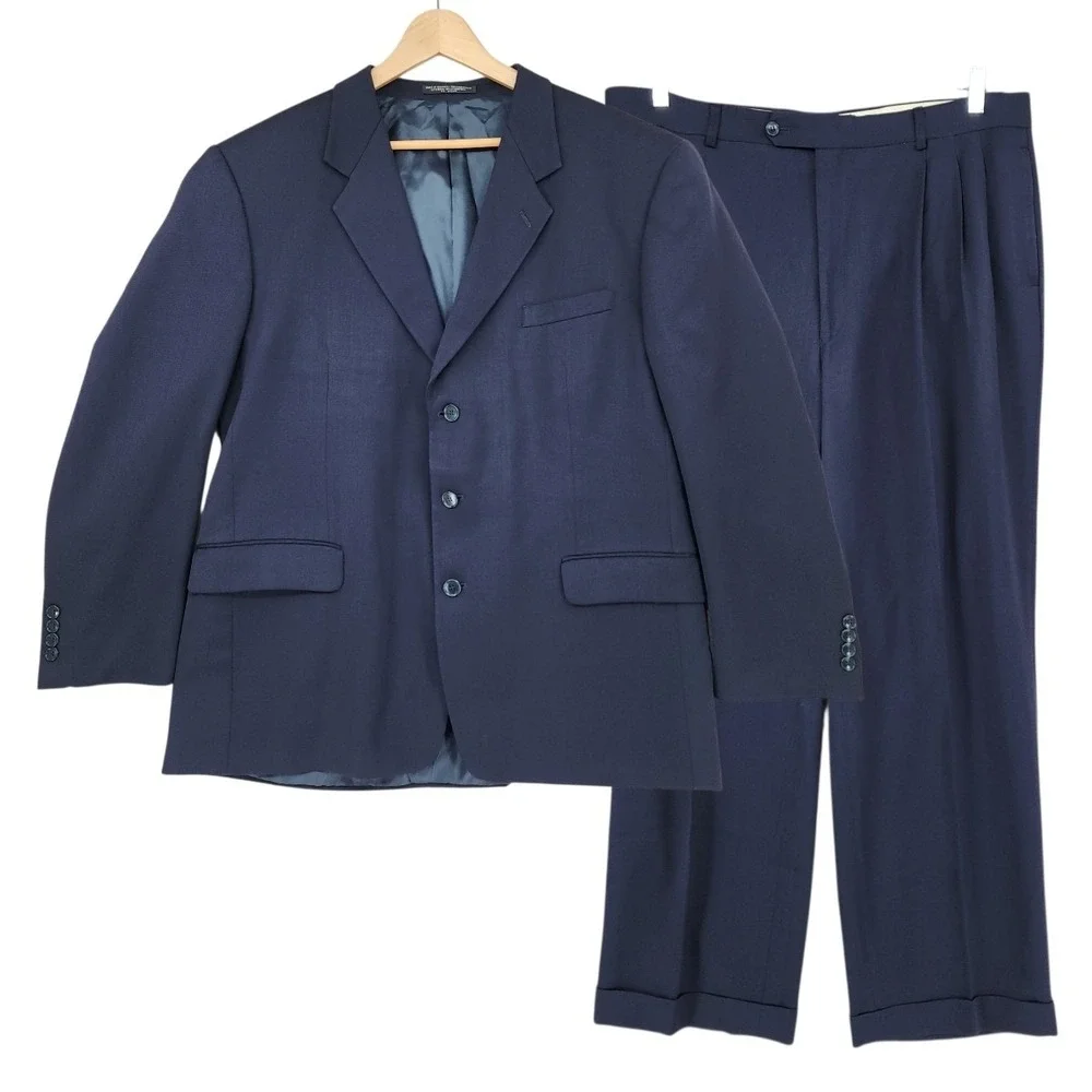 Jones New York Suit 46R Mens Navy Blue Wool 2 Piece Pleated Cuffed Professional‎